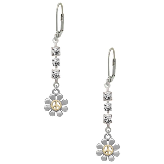 Two-tone Small Daisy with Peace Sign Crystal Madison Leverback Earrings