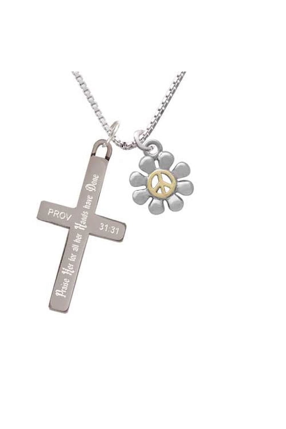 Two-tone Small Daisy with Peace Sign - Praise Her - Cross Necklace