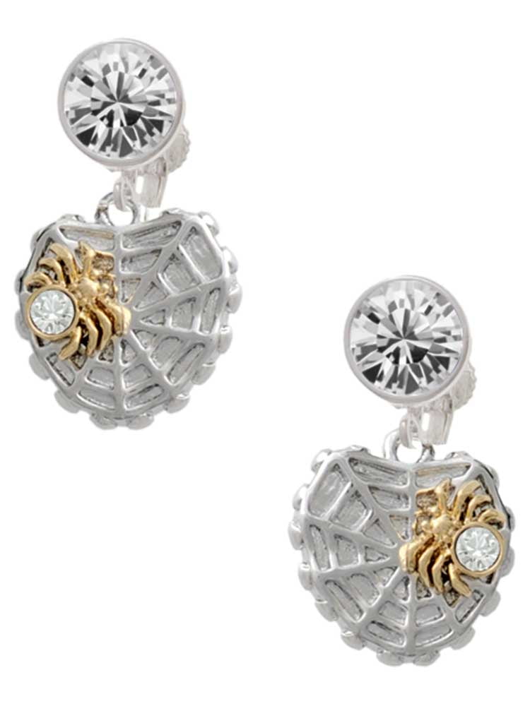 Two-tone Spider Web Heart with Crystal Spider Clear Crystal Clip On Earrings