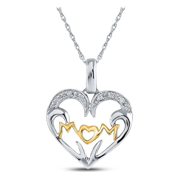 Two-tone Sterling Silver Womens Round Diamond Mom Heart Pendant .03 Cttw