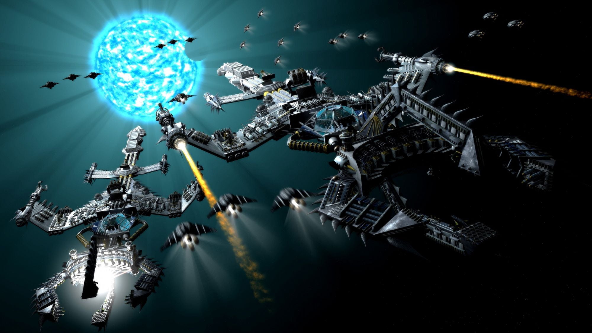 Two warships approaching a blue giant star Canvas Art - Rhys TaylorStocktrek Images (38 x 22)