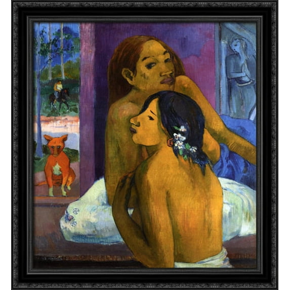 Two women (Flowered hair) 28x32 Large Black Ornate Wood Framed Canvas Art by Paul Gauguin