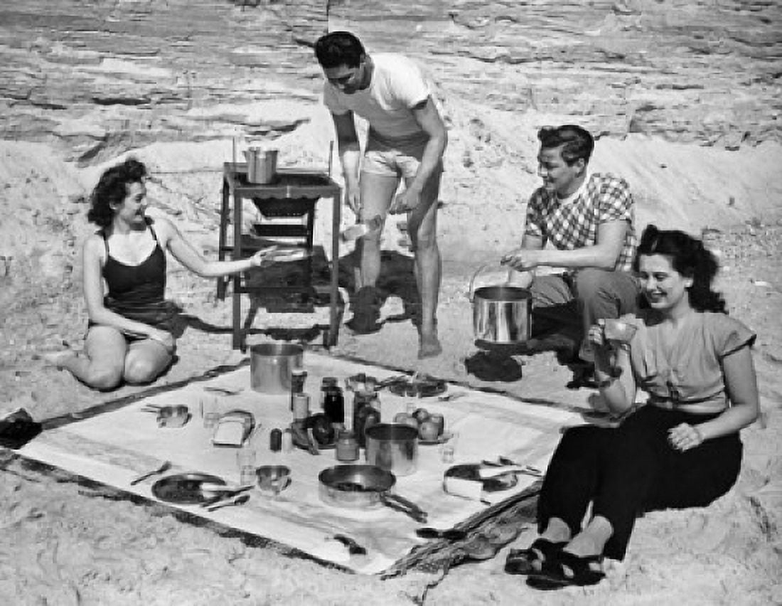 Two young couples at a picnic on the beach Canvas Art - (18 x 24)