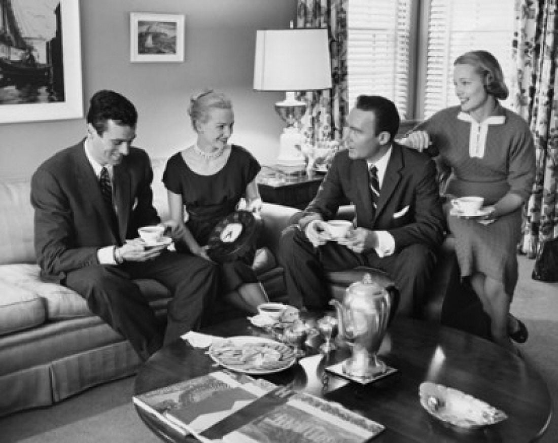 Two young couples having tea Canvas Art - (18 x 24)