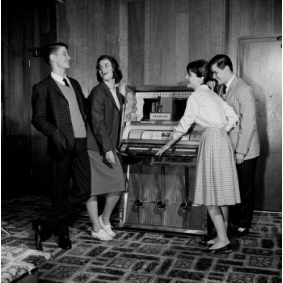 Two young couples listening to music from jukebox Canvas Art -  (24 x 36)