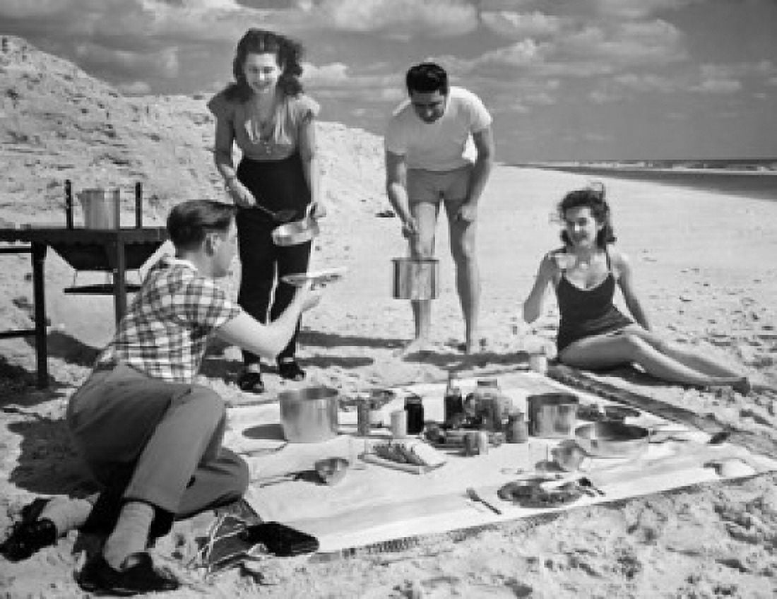 Two young couples on beach Canvas Art - (24 x 36)