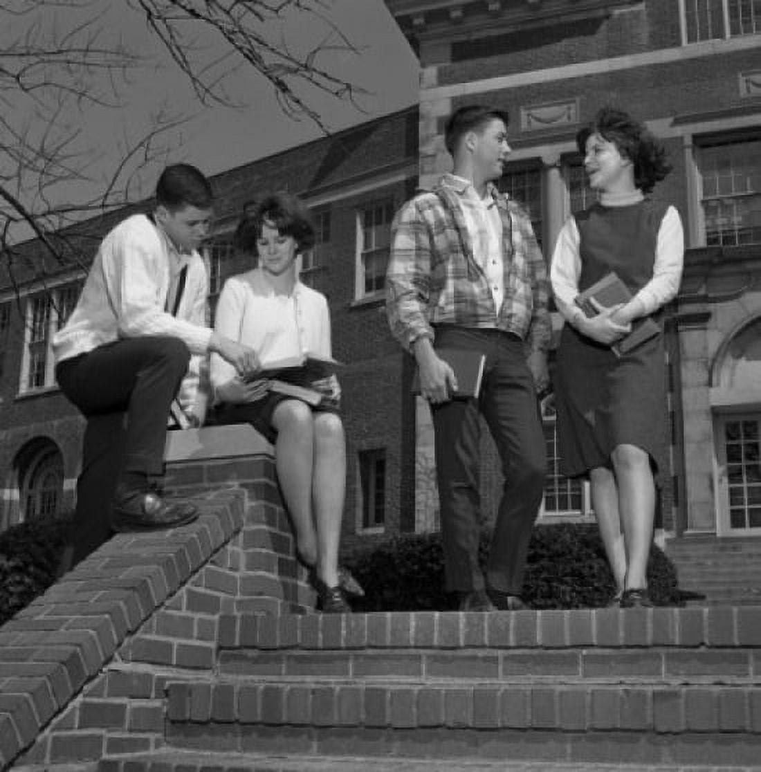 Two young couples on steps outside university Canvas Art - (18 x 24)