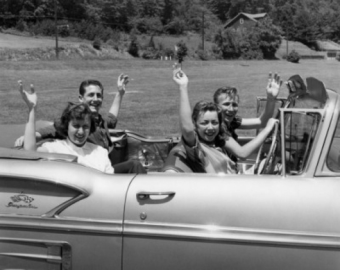 Two young couples sitting in car and waving Canvas Art - (24 x 36)