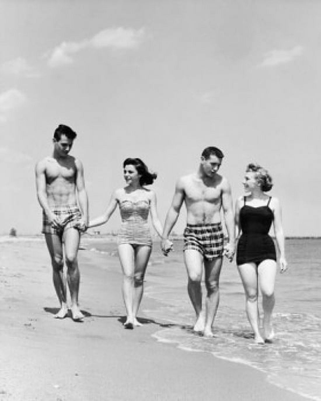 Two young couples walking on beach Canvas Art - (18 x 24)