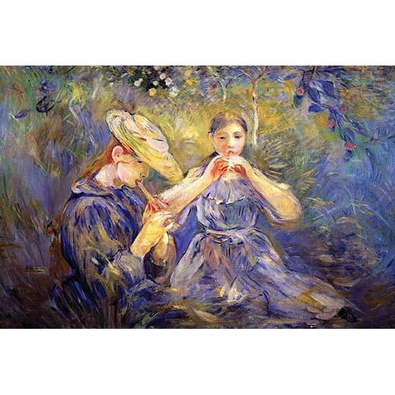 Two young girls sit in the grass playing flutes Poster Print by Berthe Morisot (18 x 24)