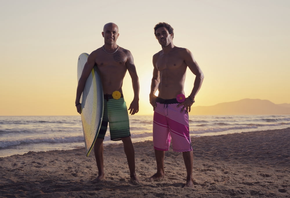 Two young men standing on the beach with a surfboardTarifa cadiz andalusia spain Canvas Art - Ben Welsh Design Pics (34 x 24)