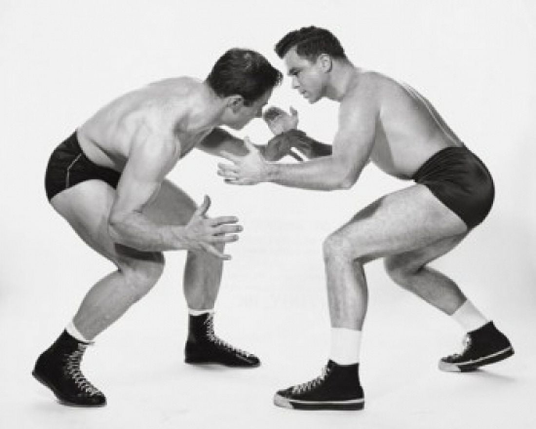 Two young men wrestling Canvas Art - (24 x 36)