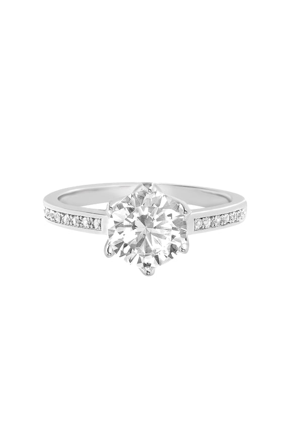18k White Gold Plated Sterling Silver Round Tulip Setting Cubic Zirconia Engagement Ring with Accent Side Stones (Size 8)