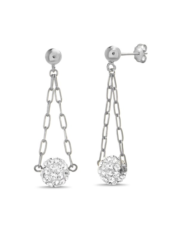 18k White Gold over Sterling Silver Cubic Zirconia Disco Ball Drop Earrings