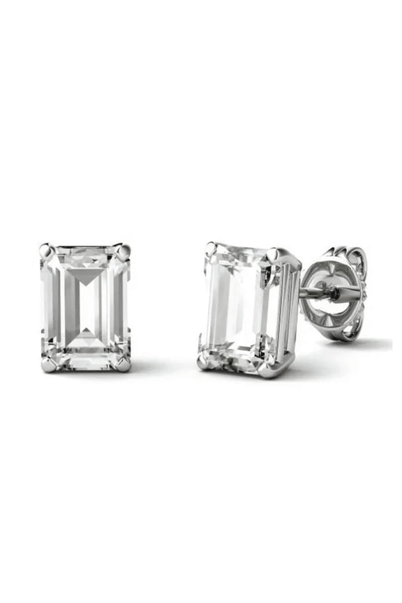 2 Carat DEW Emerald Cut Moissanite Stud Earrings set In 18k White Gold Plated Silver (Certified)