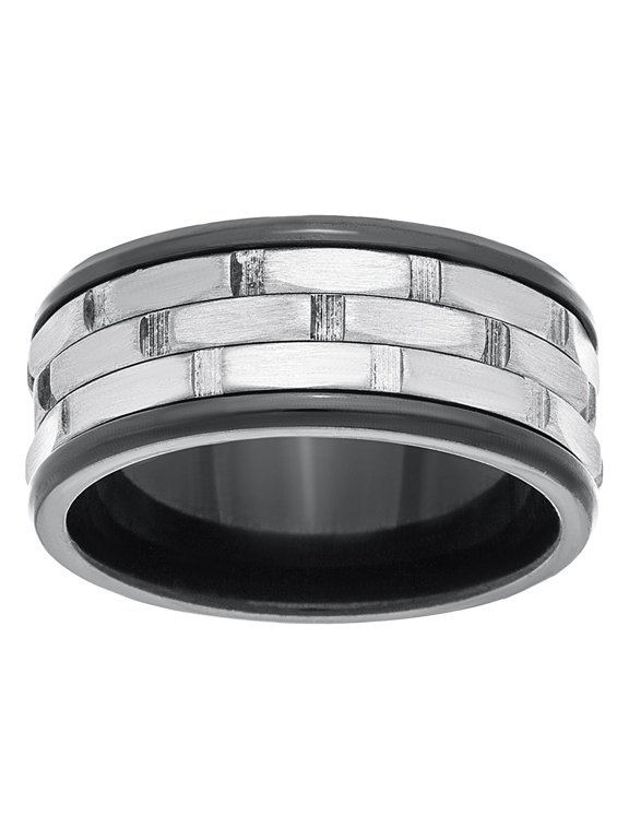 8 MM Wide Men's Spinner Ring with Black High Polish Edges and Brushed Center in Rhodium Plated Stainless Steel (Size 11)