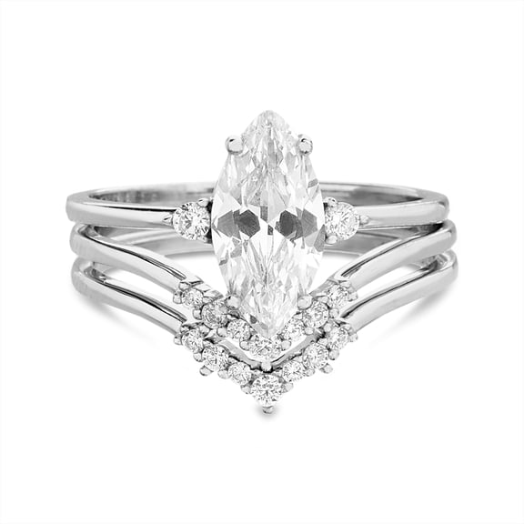 TwoBirch 925 Silver Marquise Three Ring Bridal Set with Three Stone Marquise Engagement Ring and Two Matching Chevron Contour Bands (sterling-silver, 9.5)