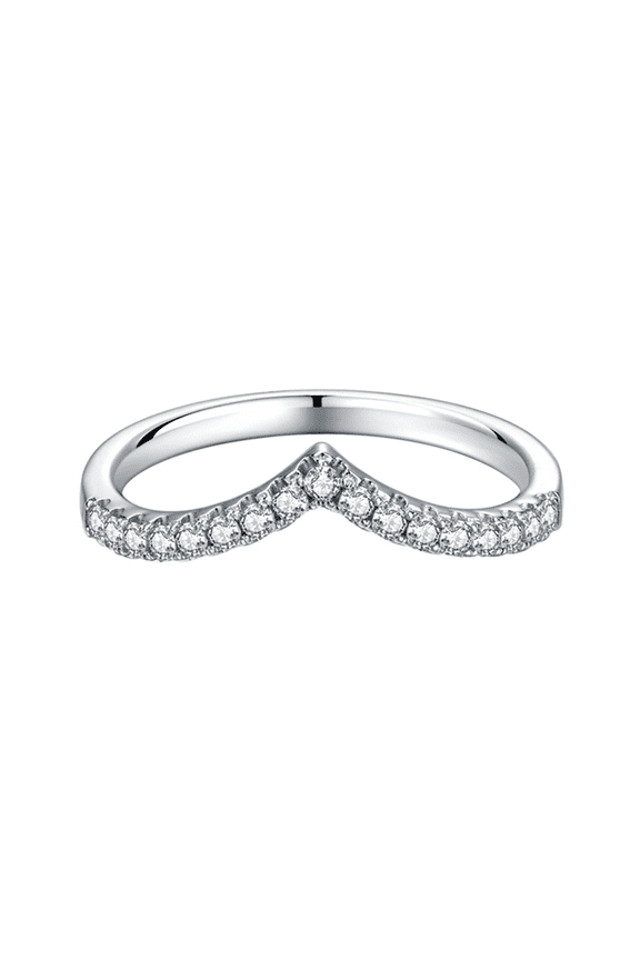 Platinum Plated 925 Sterling Silver Moissanite Chevron Shared Prong Set Dainty Wedding Band with 1.5 MM Stones (Size 6)