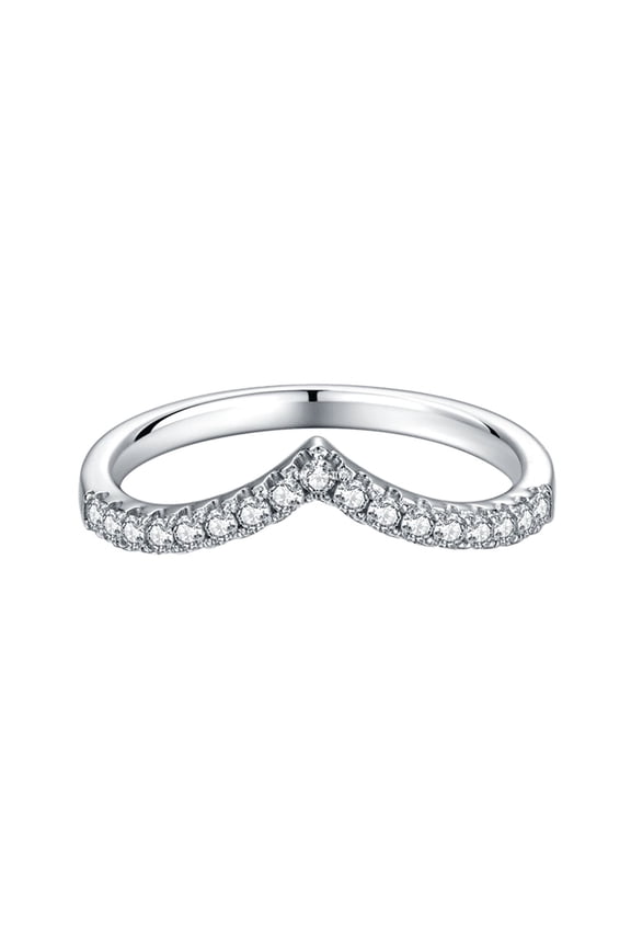 Platinum Plated 925 Sterling Silver Moissanite Chevron Shared Prong Set Dainty Wedding Band with 1.5 MM Stones (Size 8)