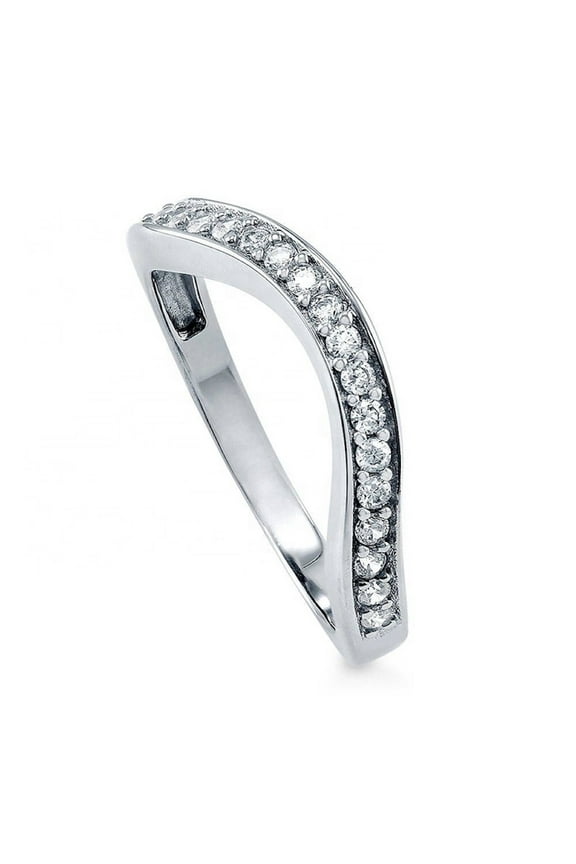 Platinum Plated Sterling Silver Round Cut Moissanite Curved Wedding Ring (GRA CERTIFIED) (17 x 1.5 MM Round Moissanites)