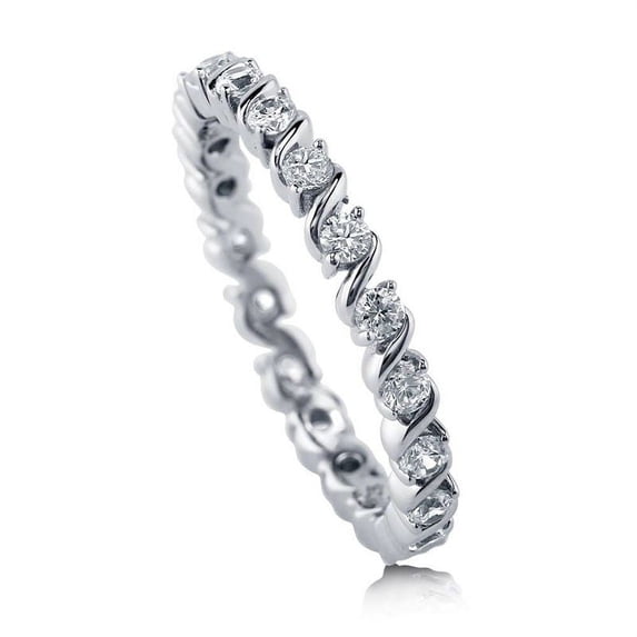 TwoBirch Platinum Plated Sterling Silver Swirl S Prong Set Round Cut Moissanite Eternity Ring (GRA CERTIFIED) (2.5MM) (Size 7)