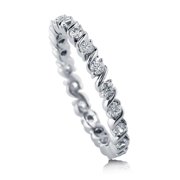 TwoBirch Platinum Plated Sterling Silver Swirl S Prong Set Round Cut Moissanite Eternity Ring (GRA CERTIFIED) (2.5MM) (Size 8)