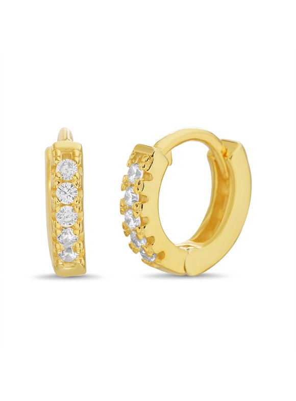 Round Prong Set Cubic Zirconia Huggie Hoop Earrings in 14k Yellow Gold Plated Silver