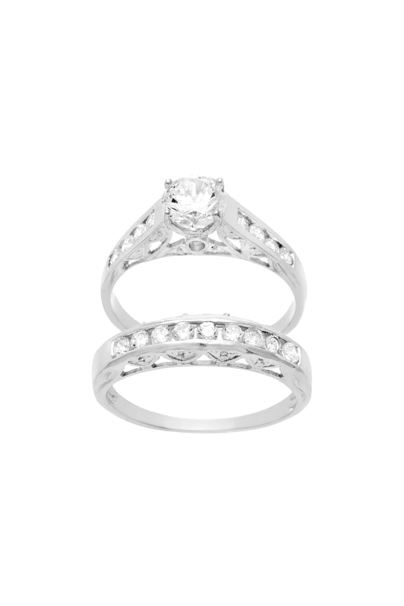 Vintage Bridal Set with 18k White Gold Plating over Solid Sterling Silver with AAA+ Cubic Zirconia (Size 5)