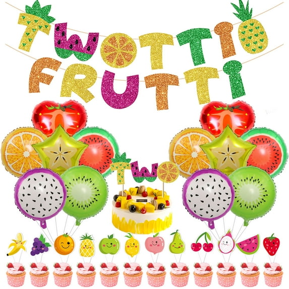 Twotti Frutti Birthday Decorations Party Supplies - Second Fruit Summer Themed Party Decor with Glitter Banner, Cake Topper, Fruit Cupcake Toppers, and Mylar Balloons