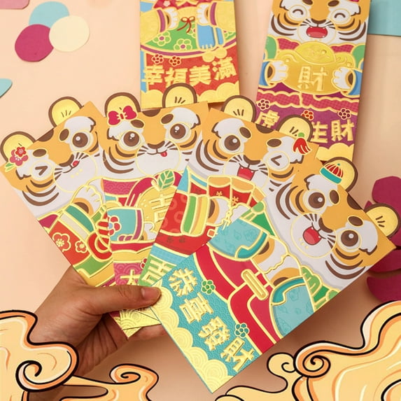 Twowood 6Pcs Realistic Red Pocket Widely Use Art Paper Cartoon Tiger Pattern Lucky Money Envelope for Festival