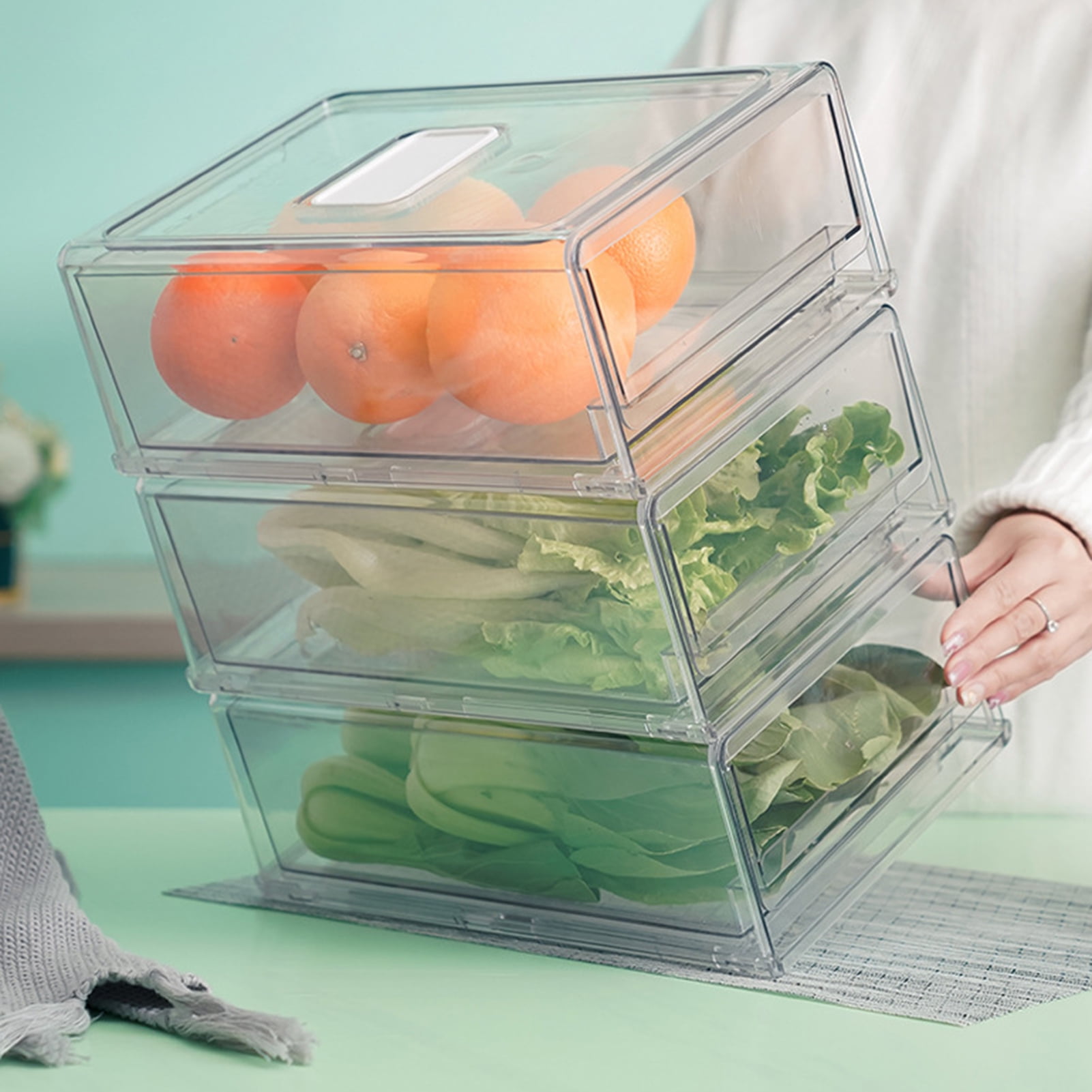 Multi Functional Transparent Food Basket Storage Fridge Door Shelf Holder Refrigerator  Organizer Container Bin With Handle In GREEN