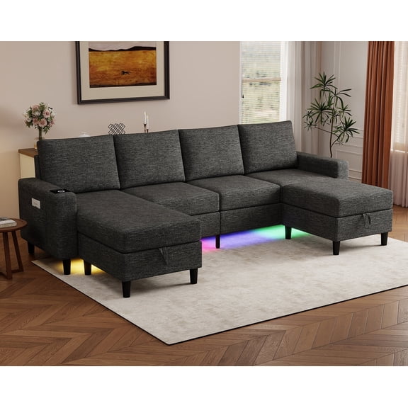 Twutri 6-Seater Modular Linen Sectional Sofa, Convertible U/L Layout with Storage Ottoman, Smart Charging Panel & Adjustable RGB LED Ambient Lights, Modern Black Living Room Couch(Deep Gray)