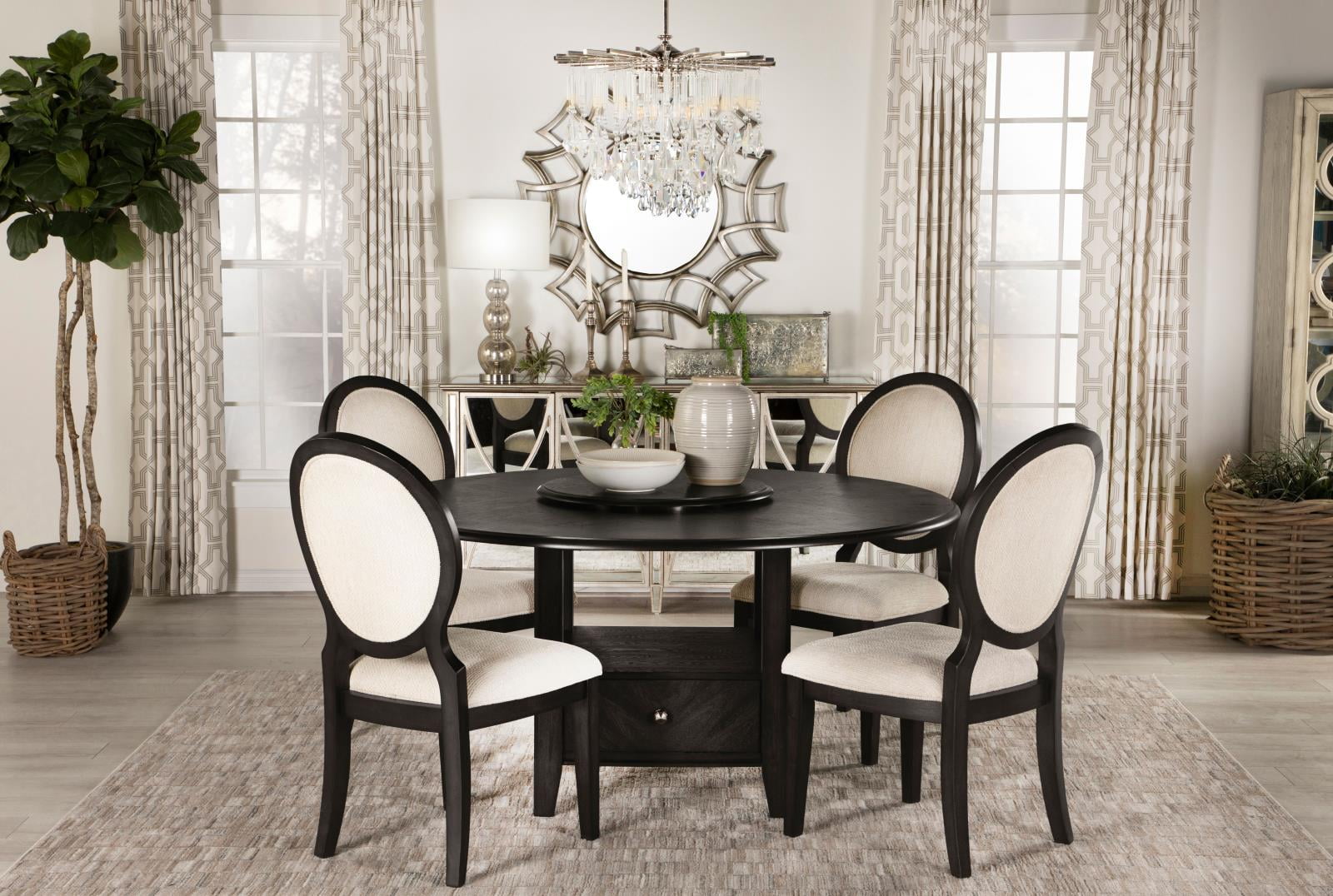 Dark Brown 5-Piece Dining Set with Cream Upholstery
