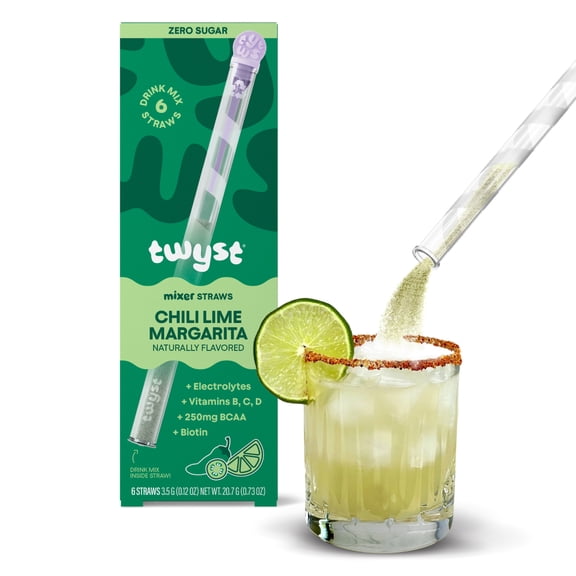 Twyst Cocktail & Mocktail Mix with Vitamins B, C & D, Electrolytes, BCAA & Biotin, Zero Sugar, Chili Lime Margarita, 6 Straws
