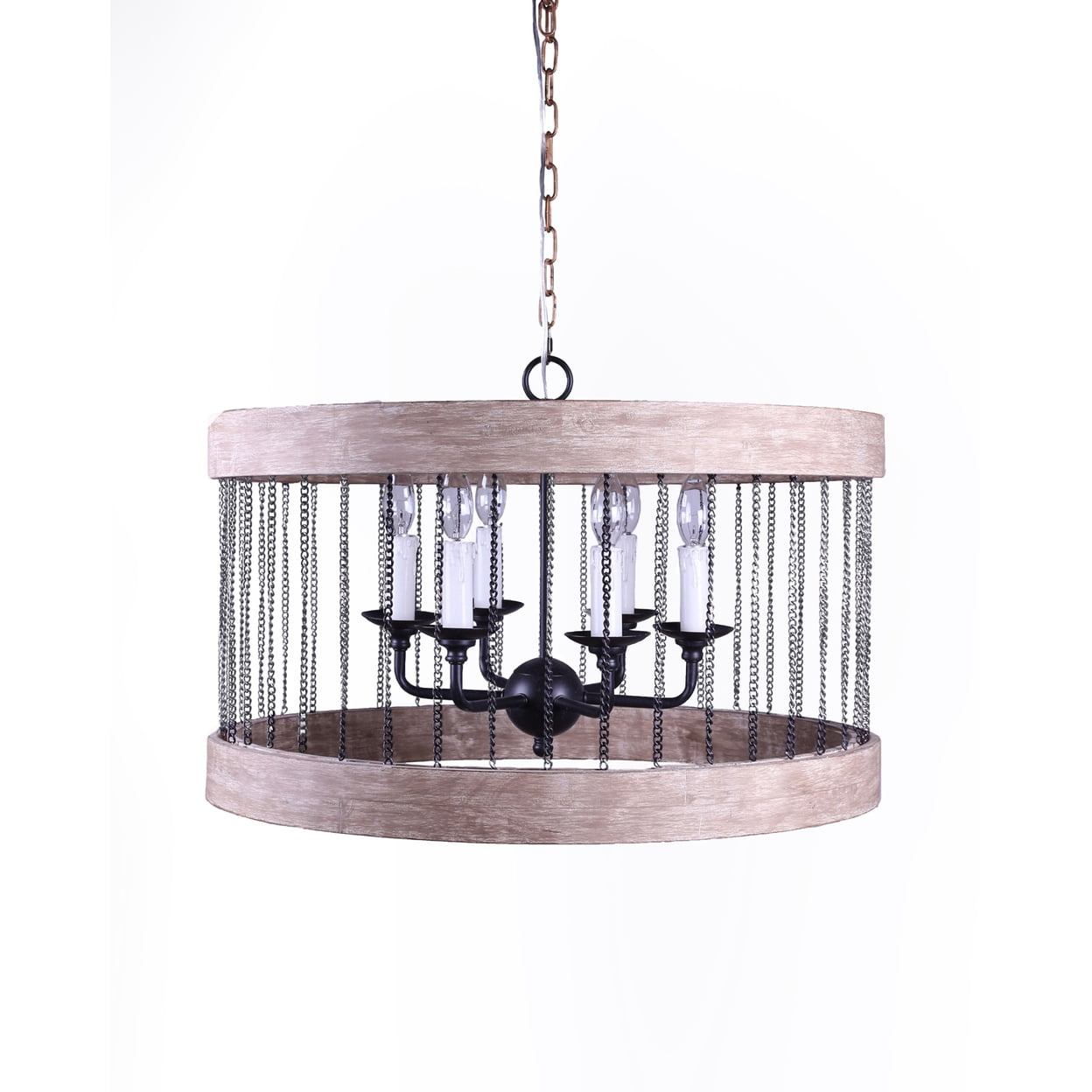 Natural Wood and Metal 26" Cylinder Cage Chandelier