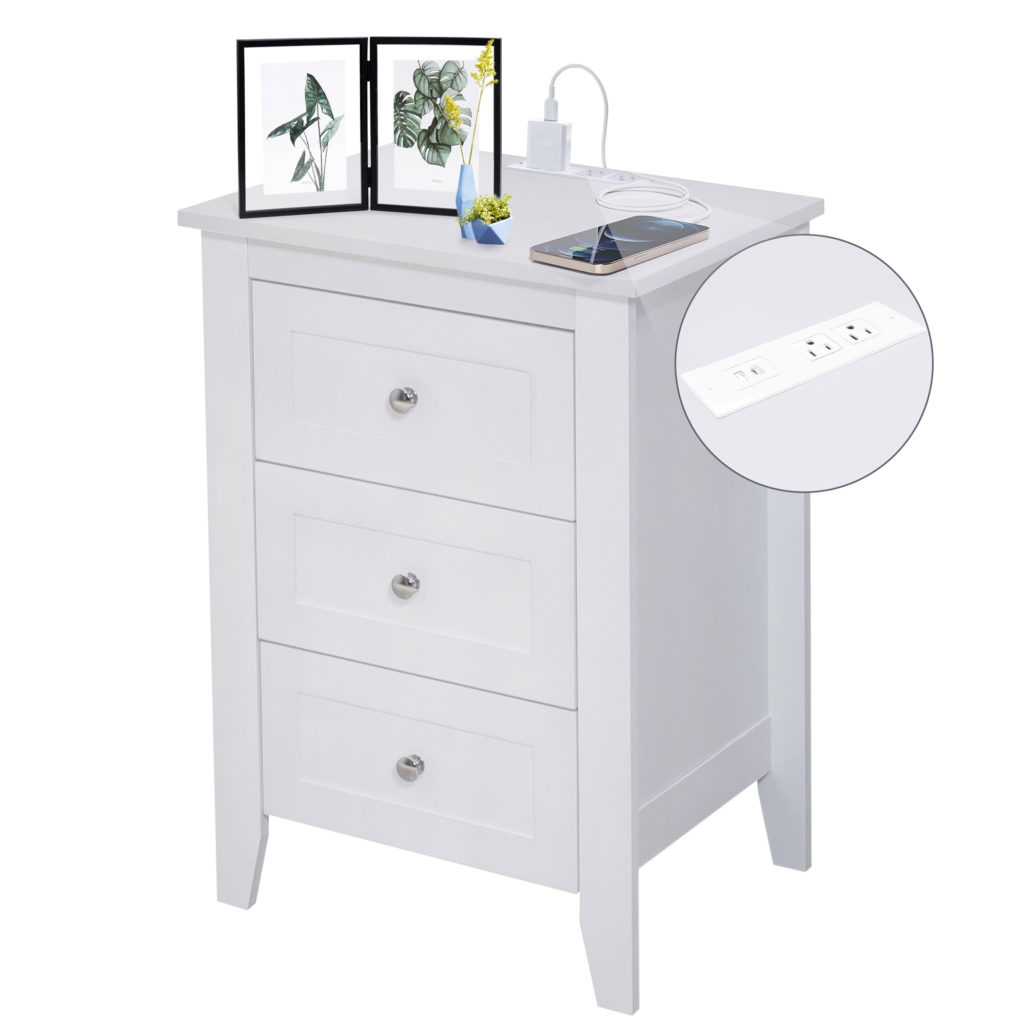 Afuhokles White Nightstand with 3 Drawer, Charging Station USB Port, Bedside  Table 