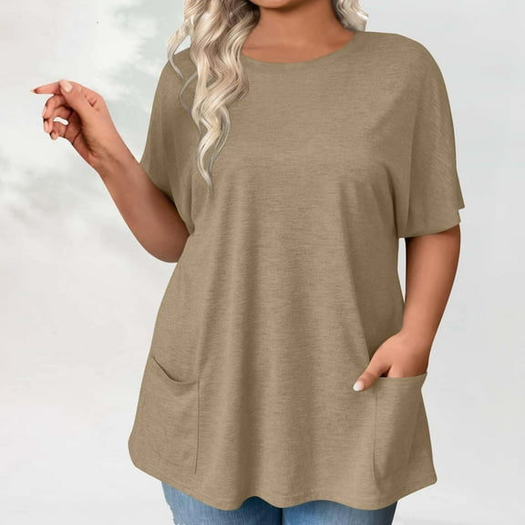 Txenfivo Plus Size Tunic Tops for Women Loose Fit Summer Trendy 2025 Oversized Womens Short Sleeves Flowy Hem Tshirts with Side Pockets, Beige, L-5XL