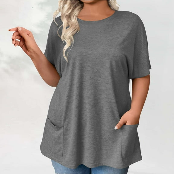 Txenfivo Plus Size Tunic Tops for Women Loose Fit Summer Trendy 2025 Oversized Womens Short Sleeves Flowy Hem Tshirts with Side Pockets, Gray, L-5XL