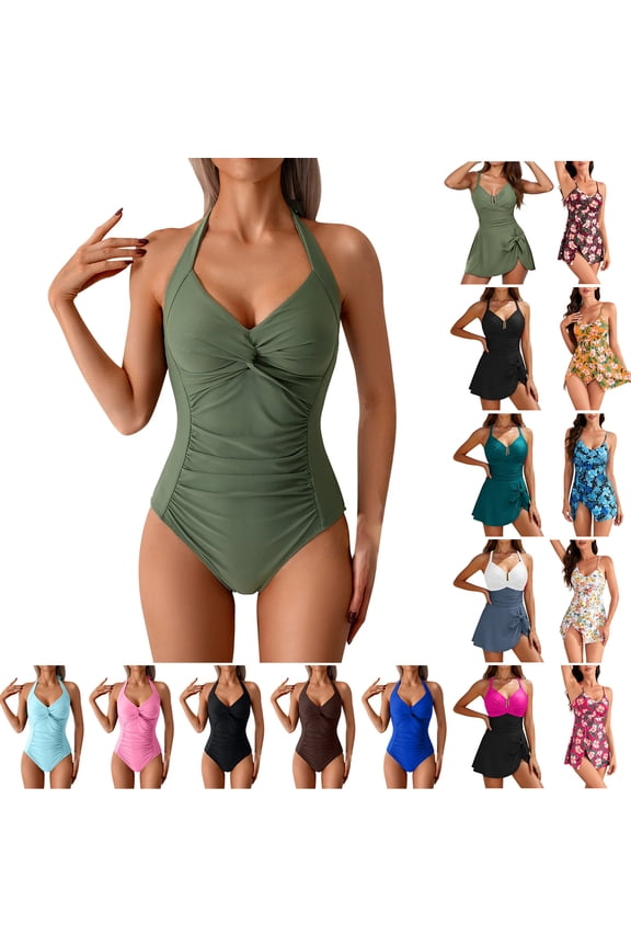 Swimsuit Women Twist Front Bathing Suit for Women One Piece Slimming Tummy Control Ruched Swimsuit Halter Vintage Womens Swimwear, S-2X