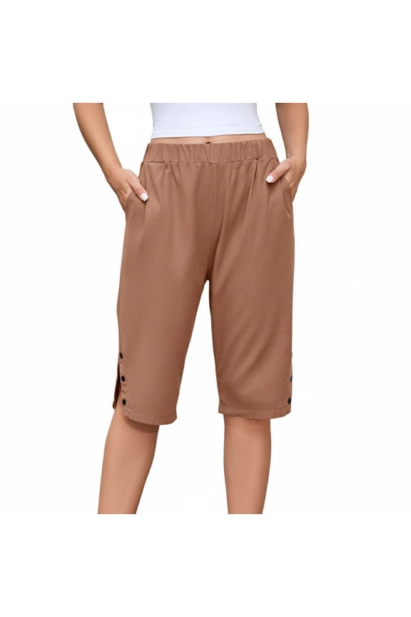 Women's Loose Cotton Linen Bermuda Shorts, Knee Length High Waisted Capris with Pockets, S–5X