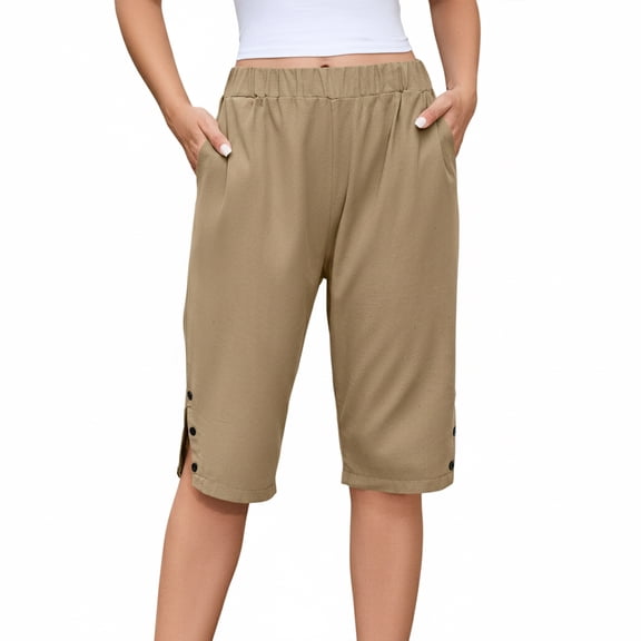 Women's Loose Cotton Linen Bermuda Shorts, Knee Length High Waisted Capris with Pockets, S–5X