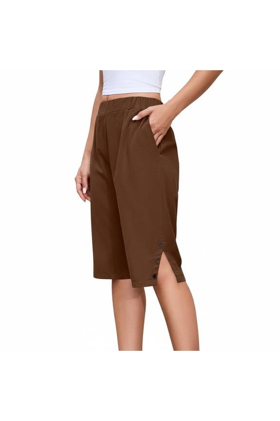 Women's Loose Cotton Linen Bermuda Shorts, Knee Length High Waisted Capris with Pockets, S–5X