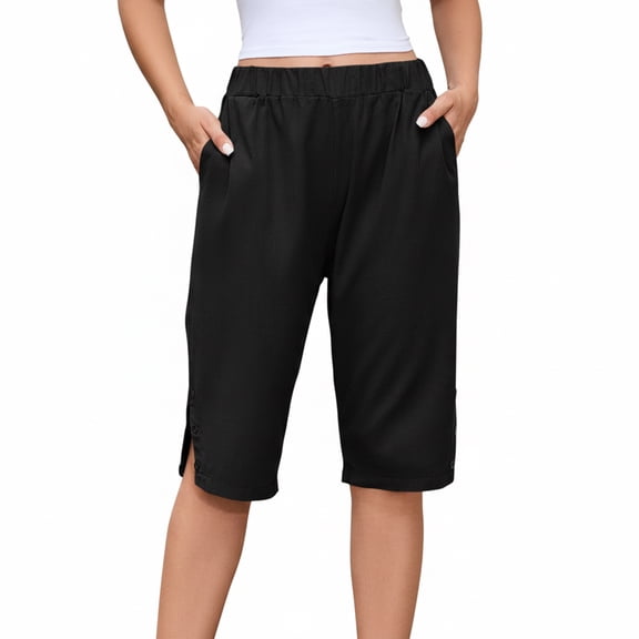 Women's Loose Cotton Linen Bermuda Shorts, Knee Length High Waisted Capris with Pockets, S–5X