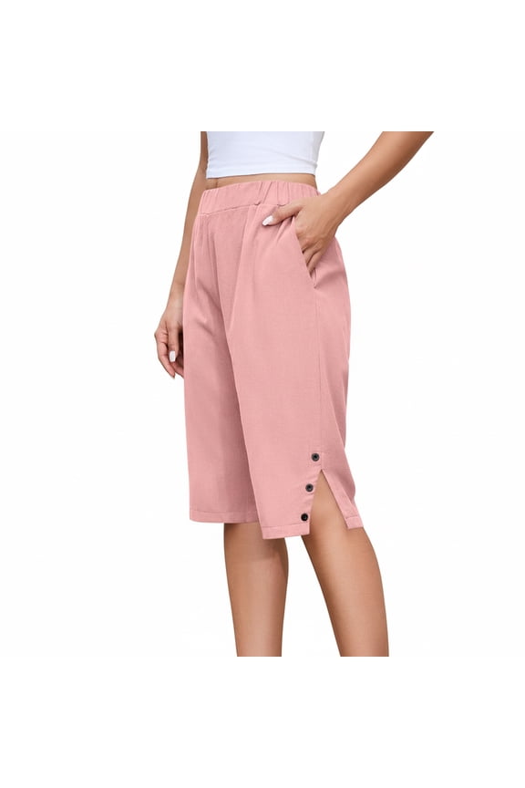 Women's Loose Cotton Linen Bermuda Shorts, Knee Length High Waisted Capris with Pockets, S–5X