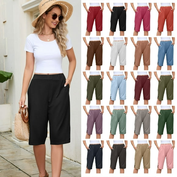 Women's Loose Cotton Linen Bermuda Shorts, Knee Length High Waisted Capris with Pockets, S–5X