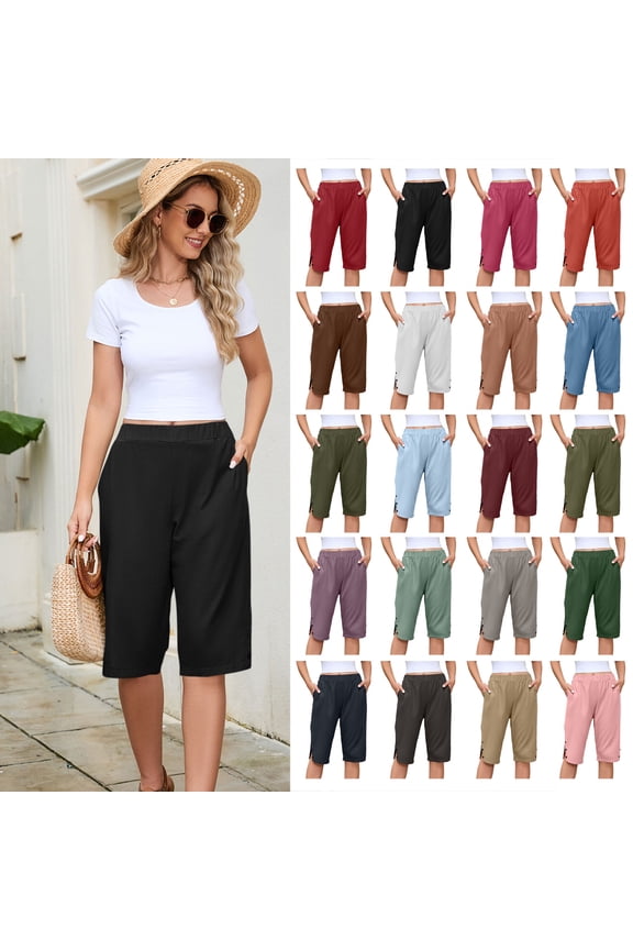 Women's Loose Cotton Linen Bermuda Shorts, Knee Length High Waisted Capris with Pockets, S–5X