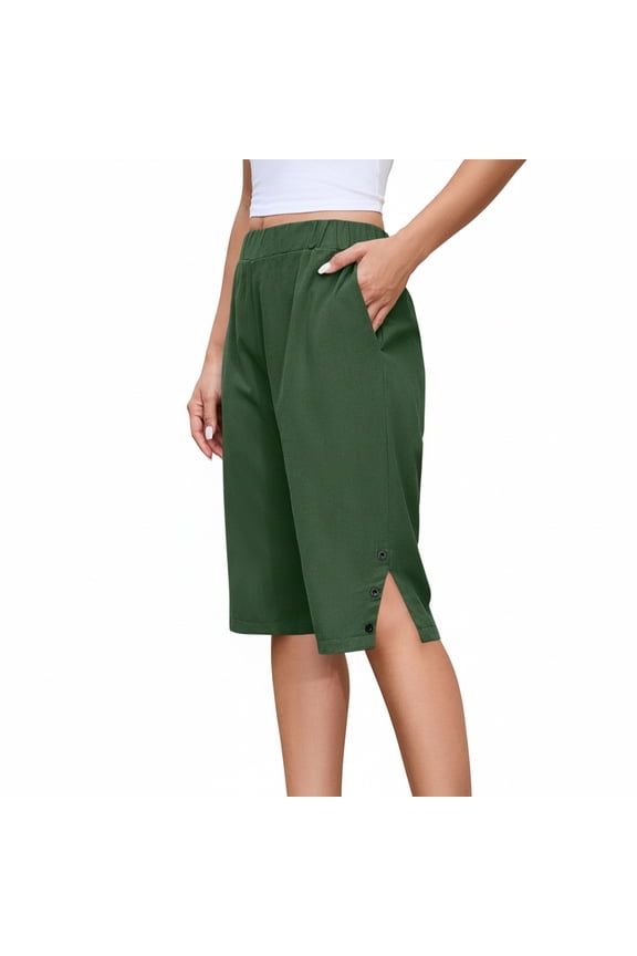 Women's Loose Cotton Linen Bermuda Shorts, Knee Length High Waisted Capris with Pockets, S–5X