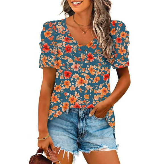 Txenfivo Womens Summer Floral Top Puff Short Sleeve Shirt for Women Casual Summer Ruffle Sleeve T-Shirts Trendy Summer V-neck Blouse Loose Fit Floral Tees, S-XXXL