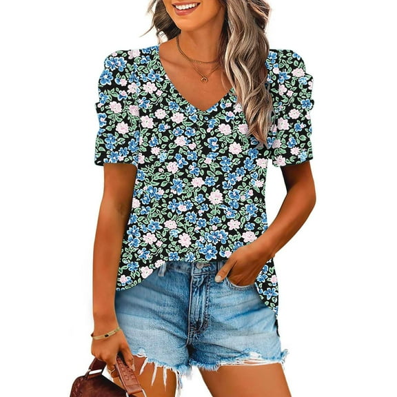 Txenfivo Womens Summer Floral Top Puff Short Sleeve Shirt for Women Casual Summer Ruffle Sleeve T-Shirts Trendy Summer V-neck Blouse Loose Fit Floral Tees, S-XXXL