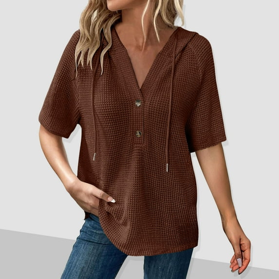Txenfivo Womens Summer Waffle Knit Short Sleeve Tops Lightweight Drawstring Hoodies Trendy Button Front V Neck Pullover Tunic Tops Fashion Clothing 2025 Casual Blouses Shirts